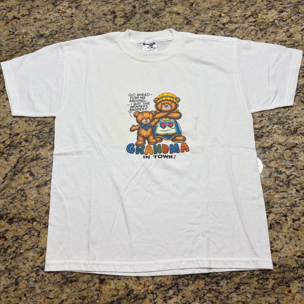 Vintage 2000 Jerzees Grandma In Town Teddy Bear T-Shirt White Kids Large v